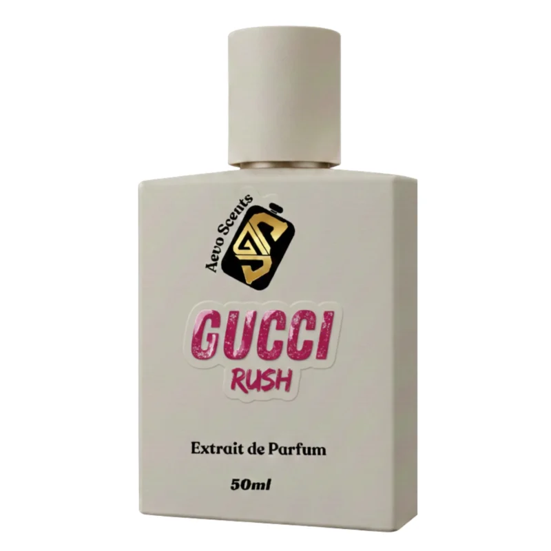 Aevo Scents Gucci Rush Extrait de Parfum for women, 50ml bottle with floral rose background, long-lasting premium fragrance impression.